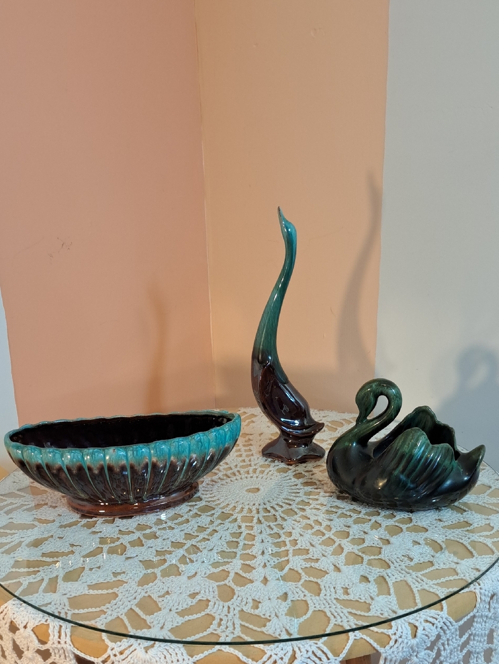 Turquoise Glazed Ceramic Bowl and Figurine Set